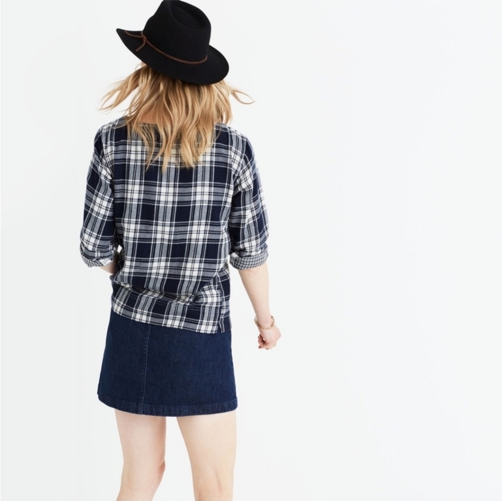 Madewell Navy White Plaid 3/4 Sleeves Top Blouse - Picture 2 of 8